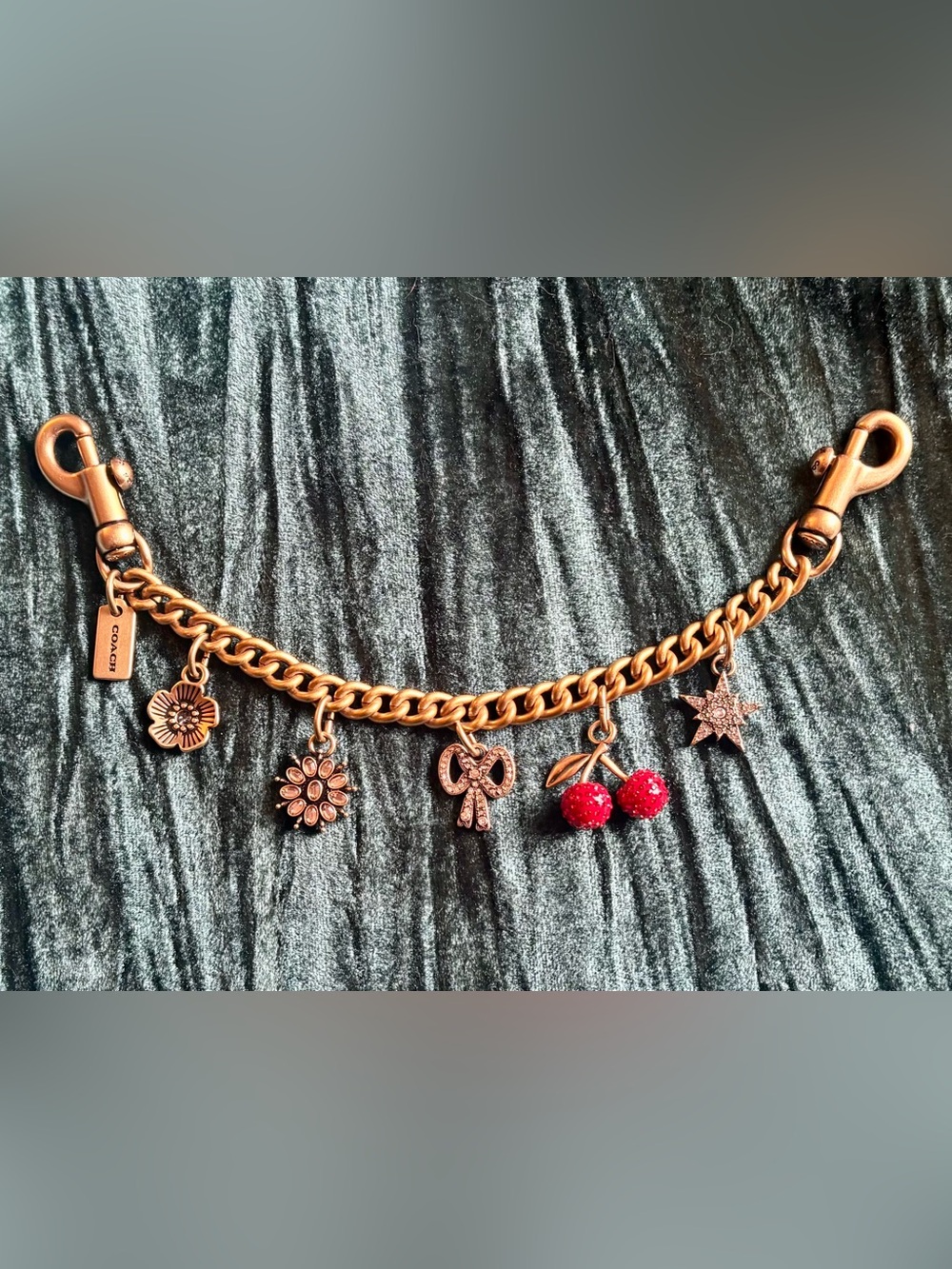 Coach Brass Crystal Bag Charm Chain Strap w Cherry Star Tea Rose